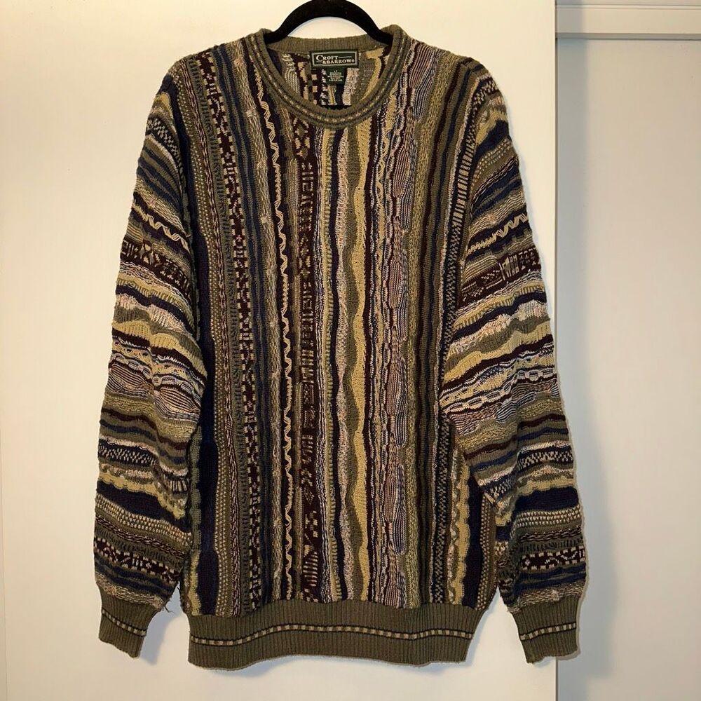Croft & Barrow Vintage Mens LT Abstract Textured Sweater Green Beige Black EUC